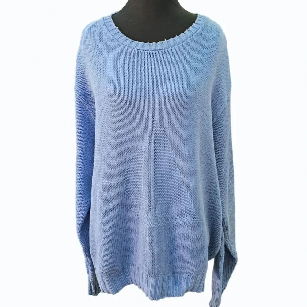 Vtg Winona Knits Sailboat Knit Sweater Blue Coastal Grandma Nautical Cape Cod